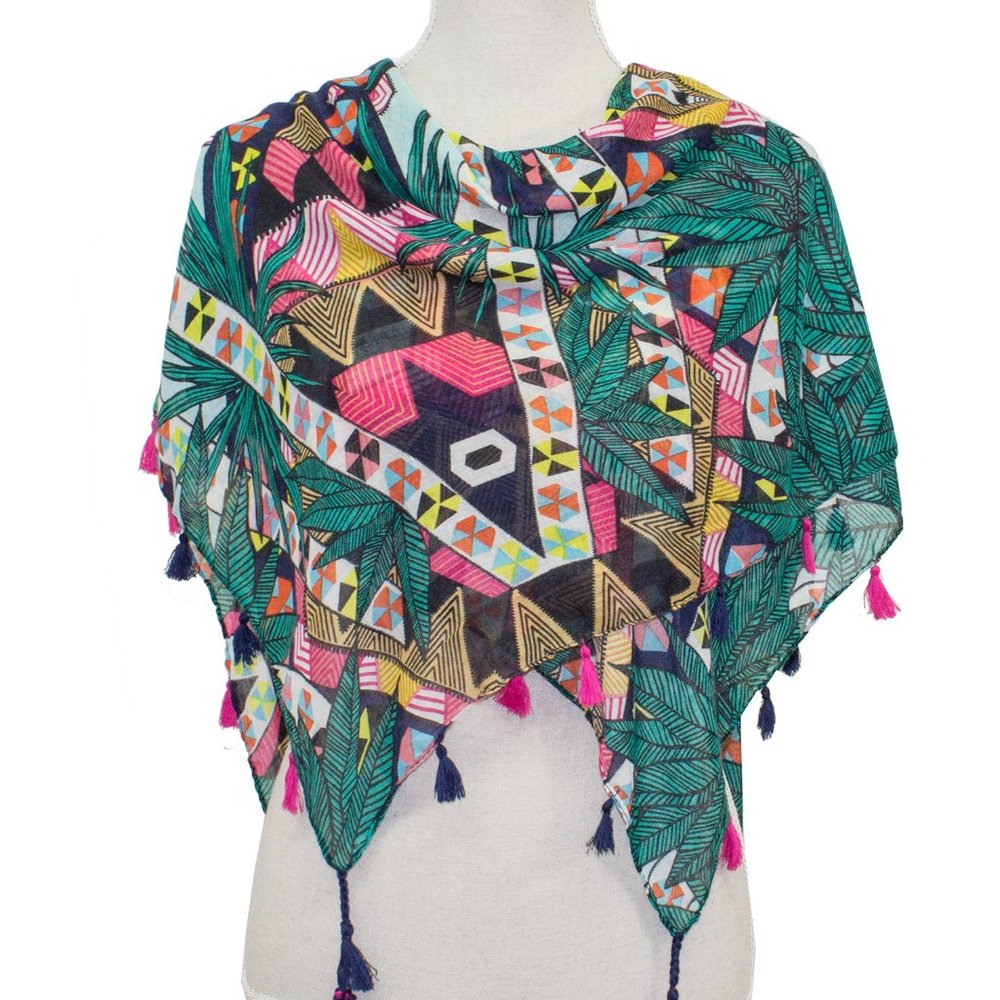 Green Tribal Weave Tassels Square Scarf